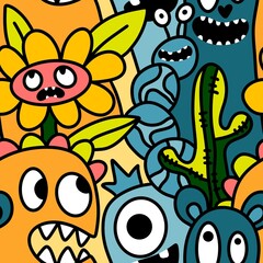Cartoon doodle Halloween aliens seamless monster pattern for wrapping paper