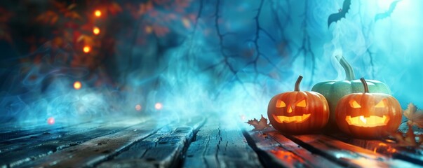 Obraz premium Spooky Halloween Setting: Pumpkin on Table with Dark Background