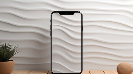 Mockup smartphone placed on wooden desk with wavy white wall pattern in the background, alongside a potted plant for a minimalist and modern interior design aesthetic.