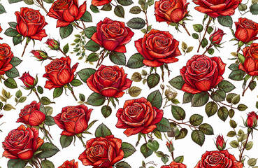 Beautiful bouquet of red roses seamless pattern digital art, vector style illustration, ideal for backgrounds, textiles, and romantic designs. Generative ai