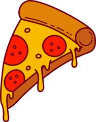 Pizza slice. Cartoon pizza illustration. Pizza with Melted cheese Cartoon Icon. Design element for emblem, poster, icon, menu. Vector illustration
