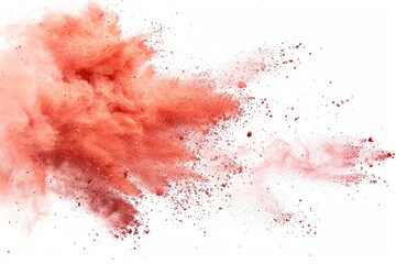 Scatter of red chalk and dust particles, vividly exploding on a white background