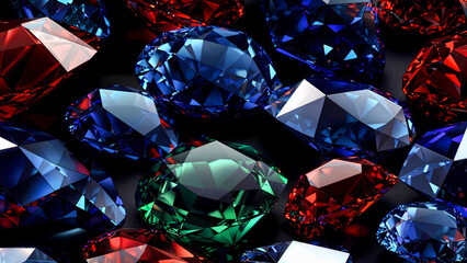 A stunning 3D render pattern of vibrant and colorful diamonds and gemstones, including rubies, emeralds and sapphires. Generative ai