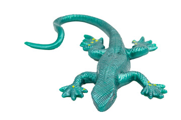 Green rubber lizard toy with no background. Stretchable toy. Anti-stress. Horizontal photo. For text.