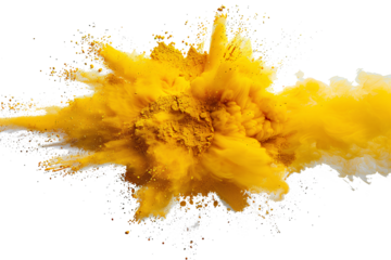Yellow color powder explosion splash with freeze isolated on background, abstract splatter of colored dust powder.
