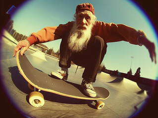 A realistic photo of a grandfather riding a skateboard through the park. Let him be dressed modernly - in a sweatshirt, sneakers and sunglasses. An old man doing tricks ramps 