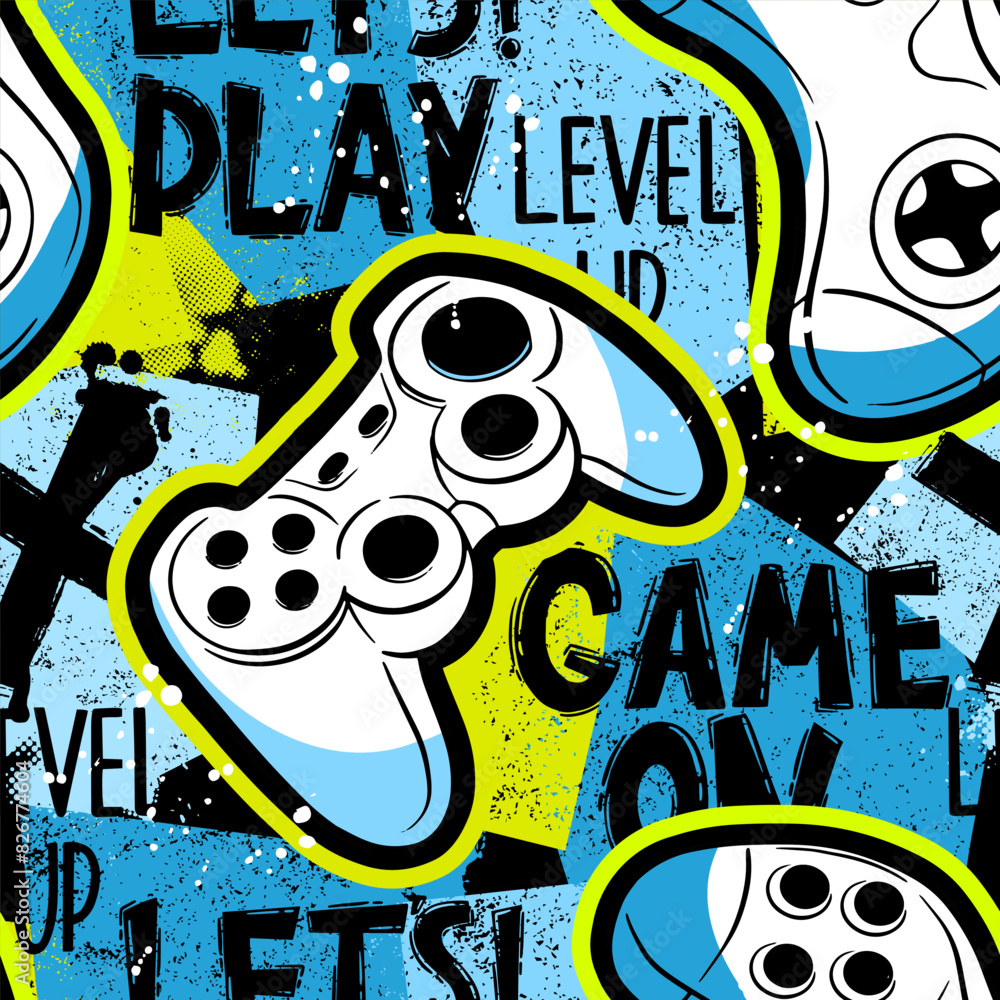 Poster seamless abstract pattern with colourful joystick game. background for boys on bright color.