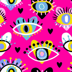 Abstract seamless chaotic pattern with hand drawing eyes. Fashion background for girl. Hand drawing