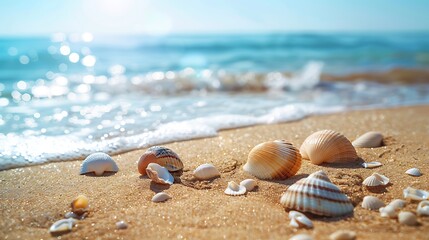 Obraz premium seashell, vacation, sea, horizontal, no people, seascape, copy space, sand, illustration, seafood, nature, vector, beach, summer, wave - water, backgrounds, bubble, concepts, dawn, discovery, hotel, j