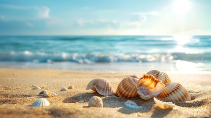 Obraz premium seashell, vacation, sea, horizontal, no people, seascape, copy space, sand, illustration, seafood, nature, vector, beach, summer, wave - water, backgrounds, bubble, concepts, dawn, discovery, hotel, j