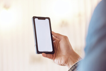 Person, hands and smartphone blank and screen, mock up and male person with tech or mobile app....