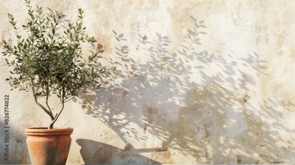 Poster a small potted olive tree is sitting on a ledge in front of a wall