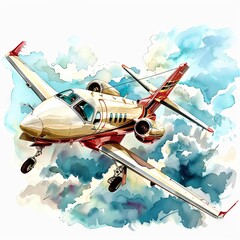 A commercial jet soars through a cloudy sky watercolor style