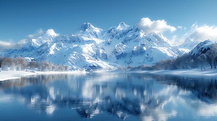 Peaceful Winter Panorama: Snowy Mountains Reflecting on Frozen Lake