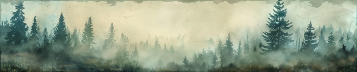 Obraz premium Panoramic View of a Misty Forest with Tall Trees and Ethereal Atmosphere