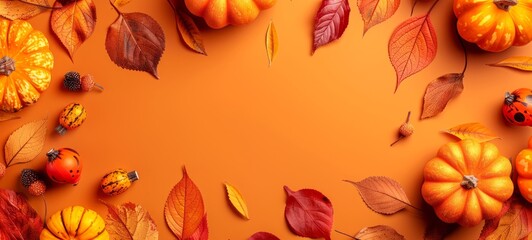 Autumn-themed background with pumpkins and colorful leaves. Fall decoration arrangement. Concept of seasonal decor, harvest festival, Thanksgiving, autumn beauty, cozy atmosphere. Banner. Copy space