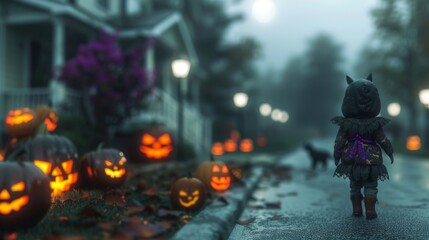 Child in Halloween Costume Walking Down Street with Jack-o-Lanterns. Halloween Night Scene. Concept...