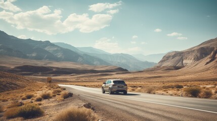 Lone Car Traveling Through Desert Landscape On A Sunny Day. Generative AI