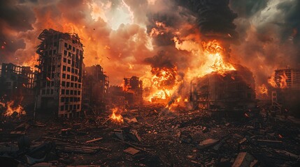 War and destroyed city with burning fire and smoke from earthquake, bomb blast. Modern abandoned...