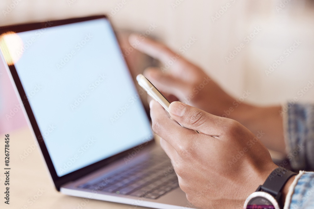 Aufkleber person, hands and laptop or smartphone with screen, browsing and freelancer for remote work with bla