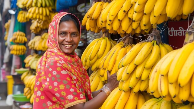 Close-up of happy woman with a beautiful smile selling fresh and ripe bananas at the market stall, emotions concept, banner