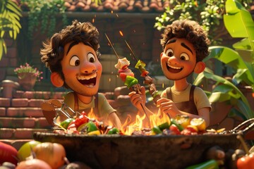 Enjoy the heartwarming illustration capturing two friends cooking together, sharing laughter and creating delicious dishes side by side in a cozy kitchen setting, showcasing the joy of friendship and 