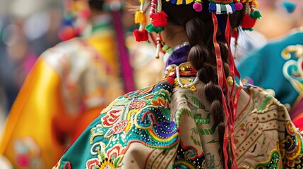 Traditional festival with colorful costumes, lively dances, and cultural performances, vibrant and immersive