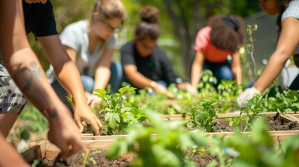 Urban gardening workshop with participants learning and planting in raised beds, educational and engaging