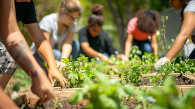 Urban gardening workshop with participants learning and planting in raised beds, educational and engaging