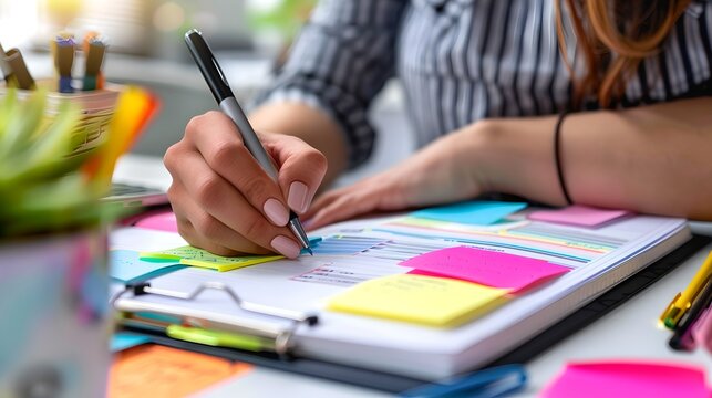 Woman writing notes during work. Colorful sticky notes and planner on desk. A busy and organized workspace. Office supplies and productivity tools. Vibrant and modern style. AI
