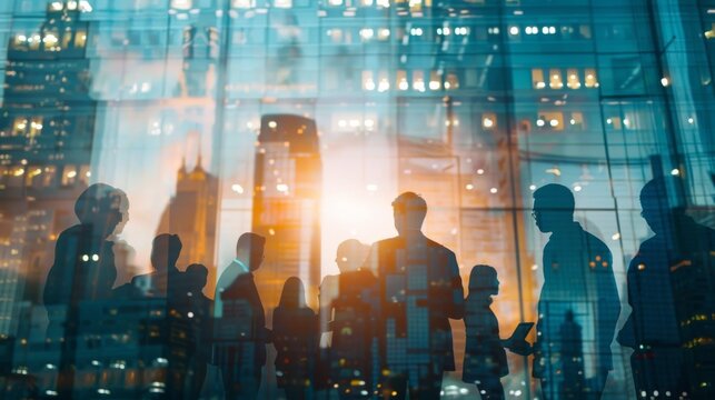 Double exposure image of a business people conference and a city background