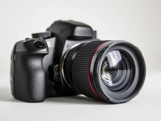 Professional photo camera, close-up view, isolated on white background