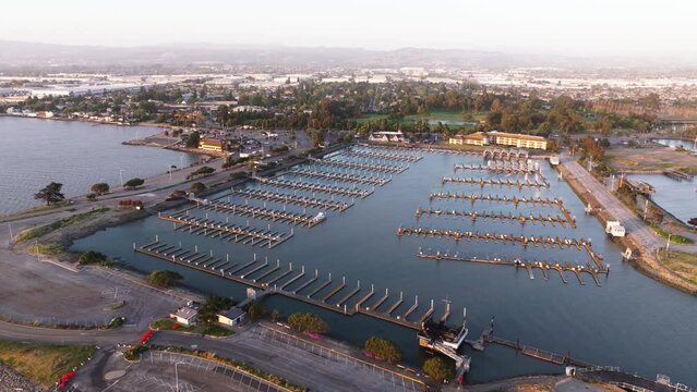 Aerial sunset view San Francisco San Leandro marina