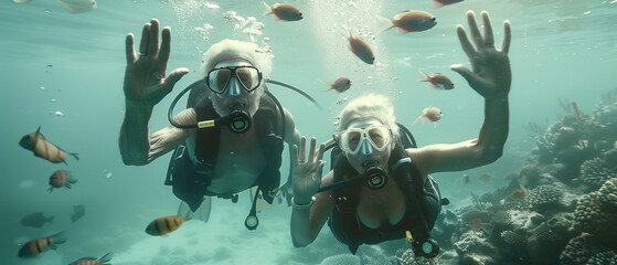 cinematic Older couple diving in the parrachos, among the fish, and waving at the camera