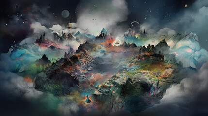A surreal terrain of floating islands amidst a cosmic abyss, each island adorned with intricate patterns and flora unknown to Earth, a nebula painting the sky with swirling hues, a feeling of isolatio