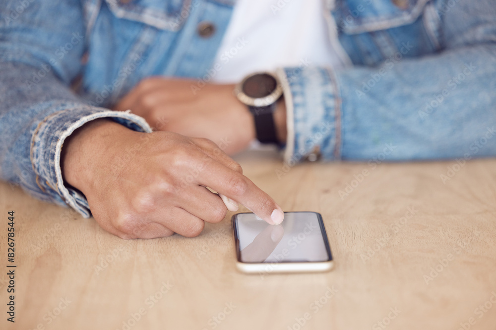Aufkleber hands, screen and smartphone in cafe for social media, communication or networking. online, notifica