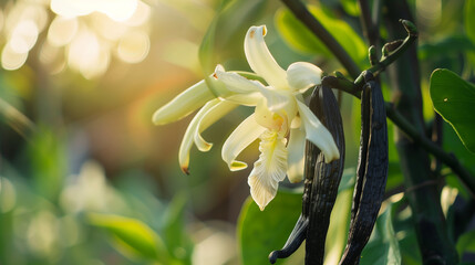 vanilla beans and flowers on vanilla plant on tree	
