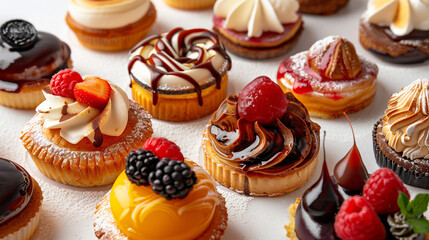 mixed type of sweet pastries with jam and cream and powdered sugar in a bakery table