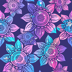 Seamless pattern with abstract bright flowers on dark violet background. Creative texture for fabric, wrapping, print,textile, wallpaper, apparel. Vector illustration