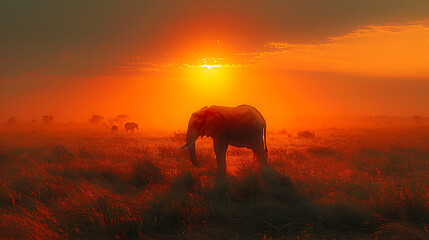 Naklejka premium Sunset Savanna Elephants: Endangered Beauty