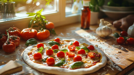 Cooking Neopolitan pizza with cherry tomatoes and basil on a wooden table with warm sunlight. Italian food cooking concept.