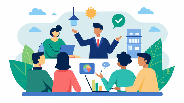 The meeting concludes with a call to action and a plan for implementing energy conservation strategies in the attendees workplaces.. Vector illustration