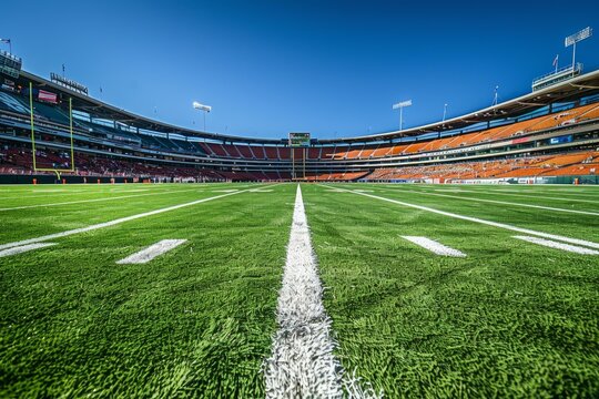 Vibrant view from the center of an empty football stadium, showcasing the field and seating