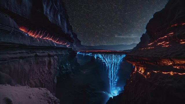Spectacular Nighttime glowing rock and Waterfall Display in Rocky Canyon