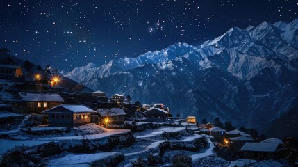 Scenic view of a small village at night with a starry sky above the snow covered Himalayan Mountains