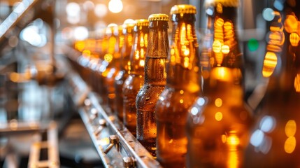 Bottles of beer on a production line in a brewery with condensation droplets
