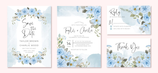 wedding invitation set with light soft blue floral watercolor frame