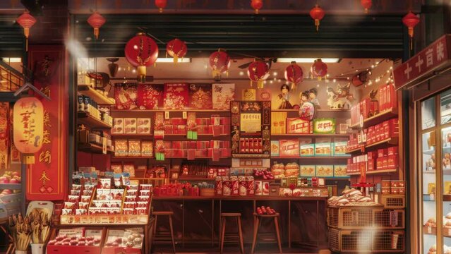 store with decorative ornaments and joss paper for celebrating Chinese Lunar New Year, no people, anime style