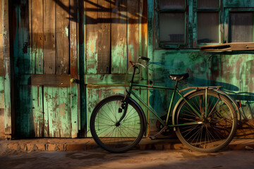 Fototapeta premium a vintage bicycle leaning against a rustic wall outside with soft morning light illuminating it. It evokes a sense of leisure and nostalgia