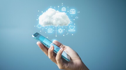 Secure Cloud Computing: Hand Holding a Smartphone with Holographic Cloud Icons, Depicting the Integration of Mobile Technology and Cloud Services with Blue Background - Generative AI